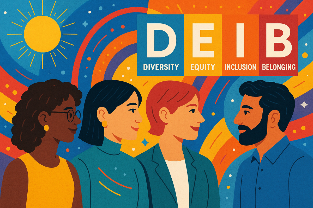 Illustration showing four diverse people smiling against a vibrant, colorful background with the words “Diversity, Equity, Inclusion, Belonging” prominently displayed.